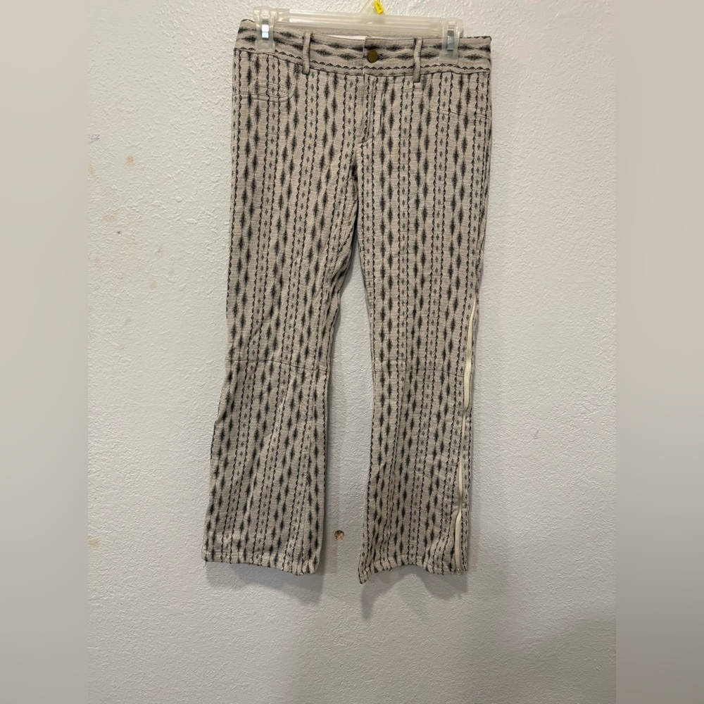 Alice + Olivia Jacquard Patterned Knit Pants Beige Black Boho Retro Side Zip